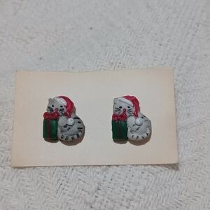 ​Christmas Cat with Santa Hat and Gift Enamel Stud Earrings